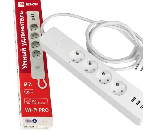 Удлинитель Умный с управлением по Wi-Fi PRO 4 гнезда + 3хUSB с выкл. бел. HomeConnect  RCE-2-WF  EKF