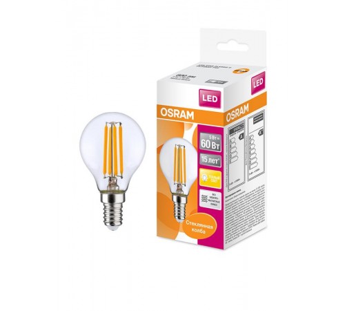 Лампа светодиодная филаментная LED STAR Classic P 5W, прозрачная колба, Е14 LSCLP60 CL 5W/827 230V FILE1410X1RU  4058075212459  Osram