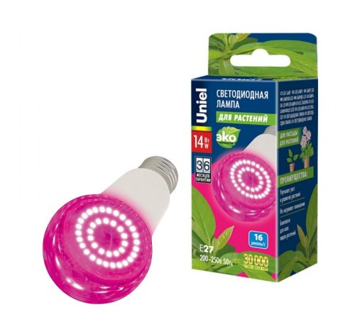 Лампа светодиодная фито для растений "груша" прозр. спектр для рассады и цветения LED-A60-14W/SPSB/E27/CL PLP30WH  UL-00006260  Uniel
