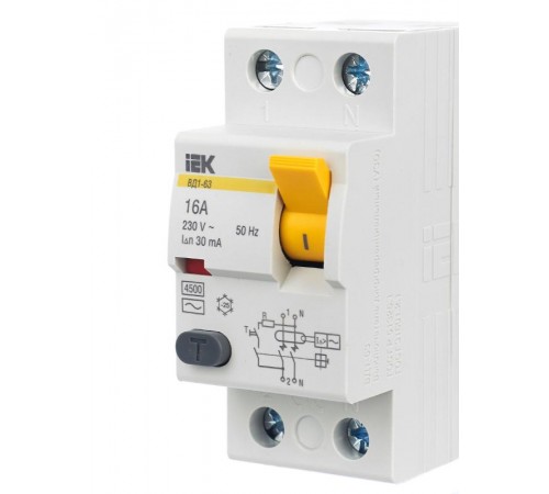 Выключатель дифференциальный (УЗО) ВД1-63 2п 16А 30мА тип AC  MDV10-2-016-030  IEK
