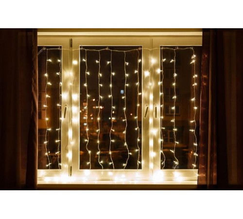 Гирлянда - занавес CL19  204 диодов  2700K , эффект стробов, 2*1,5м + 3м IP44 прозрачный шнур  32331  FERON