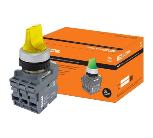 Переключатель на 3 положения с фиксацией M3SS1-21Y короткая ручка(LED) d22мм/220B 1з+1р желтый  SQ0747-0076  TDM