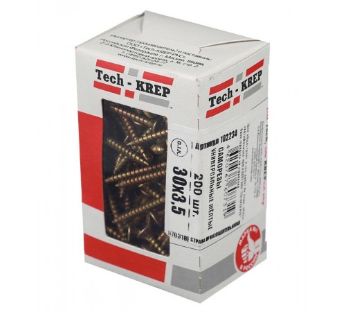 Саморезы универсальные 30х3,5 мм (200 шт) желтые - коробка с окном ( 0,253 кг)  102234  Tech-KREP