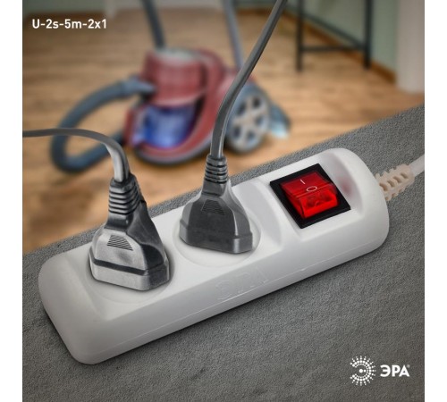 U-2s-5m-2x1 Удлин-ль без заземл, с выкл, 2гн, 5м, ПВС, 2х1мм2, 10А (20/720)  Б0044048  ЭРА