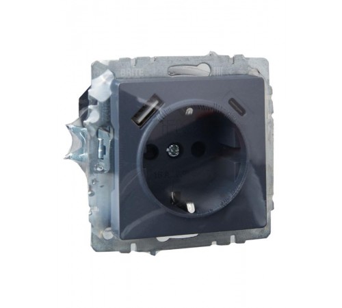 BRITE Розетка с заземлением со шторками 16А с USB A+C 18Вт РЮш11-1-БрМ маренго  BR-R14-16-U22-018-K35  IEK