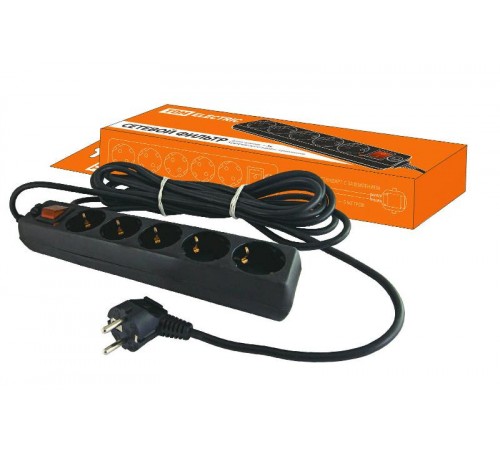 Сетевой фильтр СФ-05В выключатель, 5 гнезд, 5 метров, с заземлением, ПВС 3х1мм2 16А/250В   SQ1304-0003  TDM