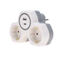 Двойник электрический (разветвитель) 16А с/з + USB-A + USB-C с защитными шторками, белый  11-1253  REXANT