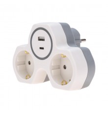 Двойник электрический (разветвитель) 16А с/з + USB-A + USB-C с защитными шторками, белый  11-1253  REXANT