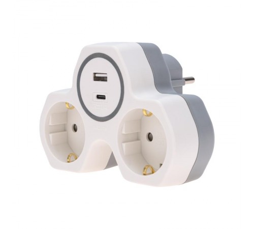 Двойник электрический (разветвитель) 16А с/з + USB-A + USB-C с защитными шторками, белый  11-1253  REXANT