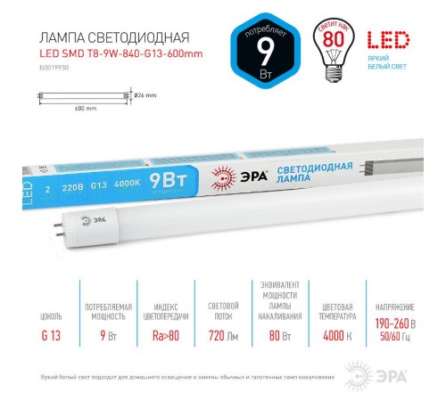 Лампа cветодиодная LED T8-9W-840-G13-600mm (диод,трубка стекл,9Вт,нейтр,пов. G13) (25/1225)  Б0019930  ЭРА