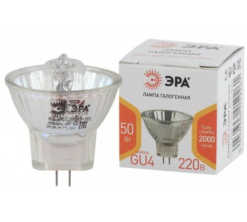 Лампа галогенная GU4-MR11-50W-220V-30 CL (галоген, софит, 50Вт, нейтр, GU4)  Б0044095  ЭРА