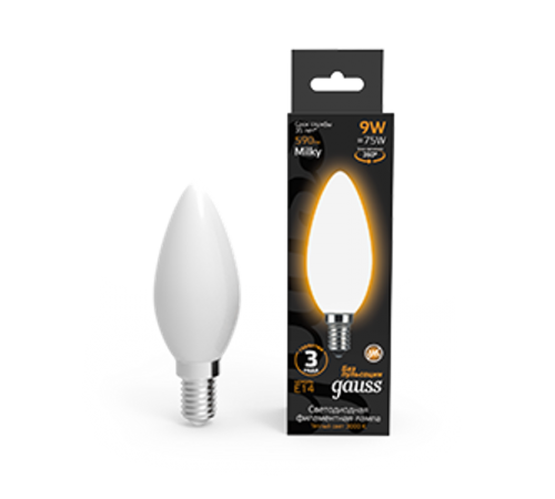 Лампа светодиодная Filament Свеча 9W 590lm 3000К Е14 milky LED 1/10/50  103201109  Gauss