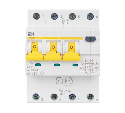 Выключатель автоматический дифференциального тока АВДТ 34 3п+N 16А C 30мА тип A  MAD22-6-016-C-30  IEK