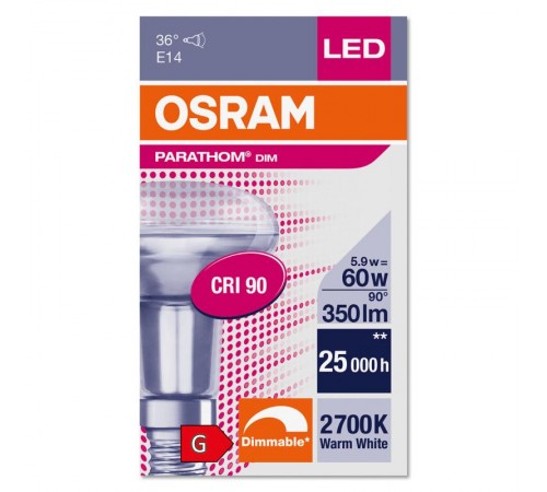 Лампа диммируемая светодиодная PARATHOM R50 350лм 5,9Вт 2700К E14 колба R50 36° прозр стекло 220-240В  4058075607811  OSRAM