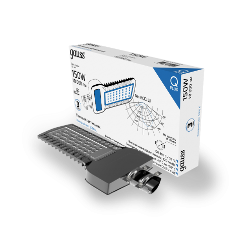 Светильник светодиодный консольный уличный Qplus 150W 18000lm 5000K 120-260V IP65 535*260*64мм черный КСС "Ш" LED 1/2  629535315  Gauss