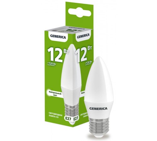 Лампа светодиодная C35 свеча 12Вт 230В 4000К E27   LL-C35-12-230-40-E27-G  GENERICA