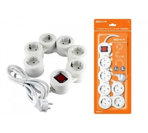 Сетевой фильтр СФ-06В "Змейка" белый 6 гнезд, 5 м, вык., з/к, з/ш, ПВС  3х1,5 мм2 16А/250В  SQ1304-0203  TDM
