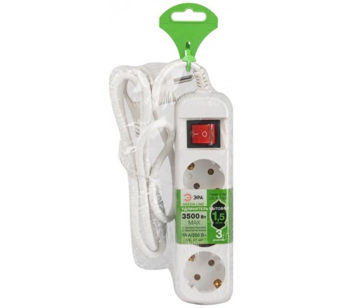 Удлинитель электрический ЭРА UDL-16-315-ES Greenline 3 розетки с заземлением с выключателем 1,5м ПВС 3x1мм2   Б0065078  ЭРА