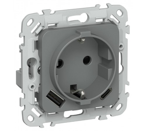 FLITE Розетка с заземлением со шторками 16А с USB A+C 20Вт быстрозажимные клеммы РСЮшс11-1-ФлМА мокрый асфальт  FI-R14-16-1-U22-020-K80  IEK