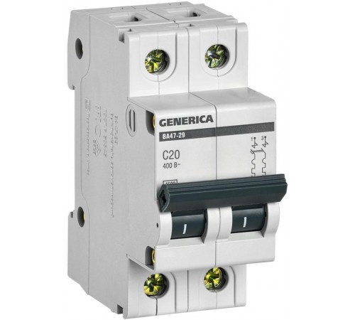 Выключатель автоматический двухполюсный ВА47-29 20А C 4,5кА  MVA25-2-020-C  GENERICA