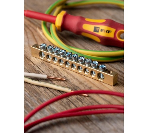 Шина PEN "ноль-земля" (6х9мм) 10 отверстий латунь крепеж по краям EKF PROxima  sn0-63-10-k  EKF