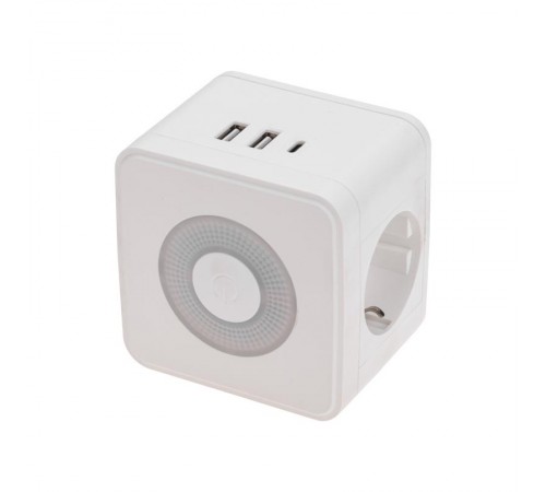 Двойник электрический Куб 16А с/з + 2хUSB-A 2,4А + USB Type-C 3А с ночной подсветкой, белый  11-1251  REXANT