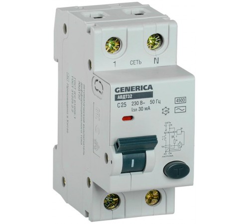 Выключатель автоматический дифференциального тока АВДТ 32 1п+N 25А C 30мА тип AC   MAD25-5-025-C-30  GENERICA