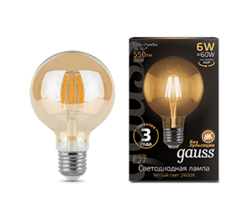 Лампа светодиодная Black LED Filament G95 E27 6W Golden 550lm 2400K  105802006  Gauss