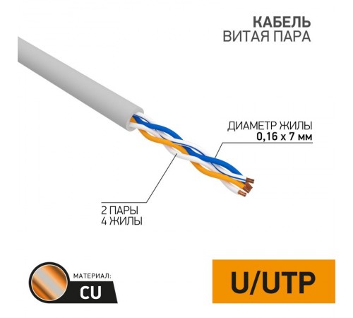 Кабель UTP  2PR  24AWG  CAT5e  305м  STRANDED  01-0026  REXANT