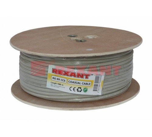 Кабель коаксиальный RG-8X, 50 Ом, CCS/Al/A, 75%, бухта 100 м, серый  01-2021  REXANT