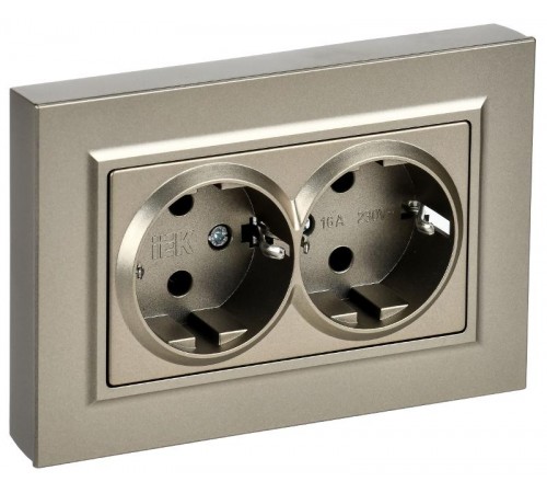 BRITE Розетка 2-местная с заземлением без защитных шторок плоская 16А в сборе РСПл12-3-БрШ шампань   BR-R27-16-K37-F  IEK