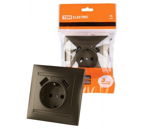Розетка 2П+З 16А 250В + 2 USB порта 2,1А 5В бронза "Лама"  SQ1815-0742  TDM