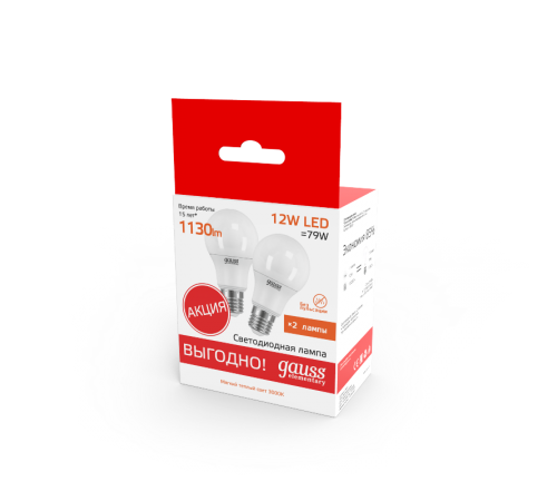 Лампа светодиодная Elementary A60 12W 3000K E27 (2 лампы в упаковке) LED 1/50  23212P  Gauss