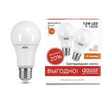 Лампа светодиодная Elementary A60 12W 3000K E27 (2 лампы в упаковке) LED 1/50  23212P  Gauss