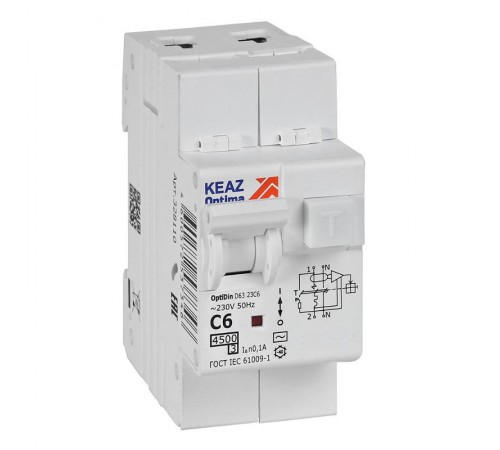 Выключатель автоматический дифференциального тока OptiDin D63-23C6-AC-У3 (2P, C6, 100mA, 4,5кА)  328110  КЭАЗ