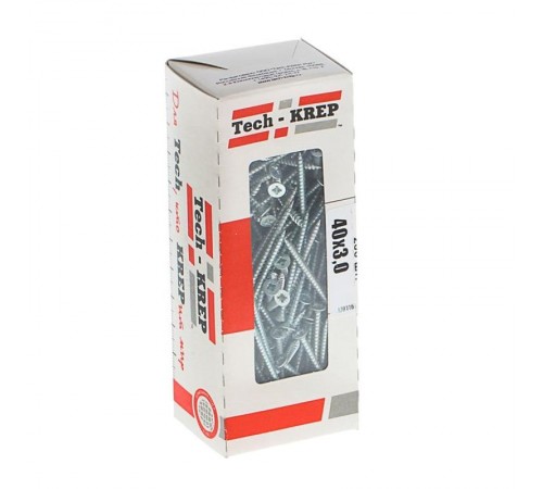 Саморезы универсальные 40х3,0 мм (200 шт) оцинкованные - коробка с окном ( 0,232 кг)  102166  Tech-KREP