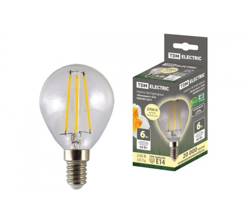 Лампа светодиодная шар "Филамент" G45-6 Вт-230 В-2700 К-E14 TDM  SQ0340-0277  TDM