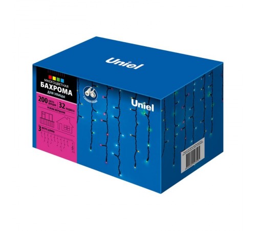 Бахрома с коннекторами светодиодная  с контроллером  ULD-B3010-200/TBK MULTI IP67  3 м. 200 диодов, шнур черный, соед  UL-00003933  Uniel