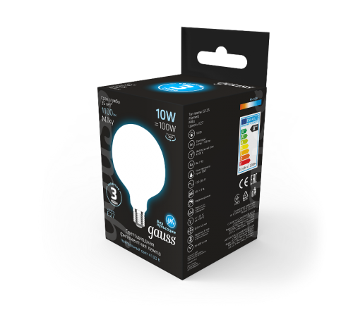 Лампа светодиодная Filament G125 10W 1100lm 4100К Е27 milky LED 1/20  187202210  Gauss