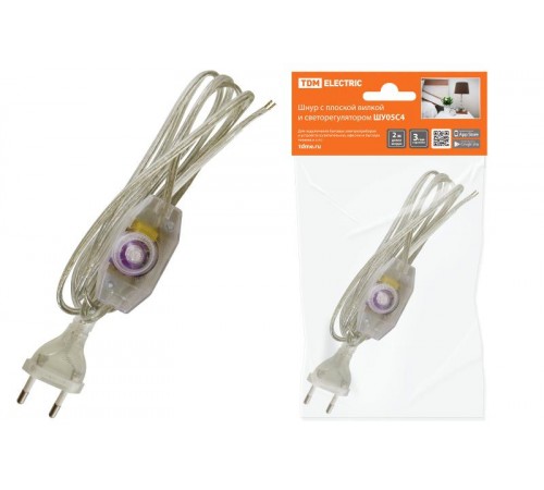Шнур с плоской вилкой и светорегулятором ШУ05С4 (200Вт, RL) ШВВП 2х0,75мм2 2м. прозрачный  SQ1305-0054  TDM