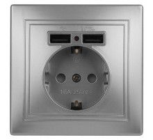 1-410-03 Intro Розетка+USB, IP20, СУ, Plano, алюминий  Б0043249  Intro