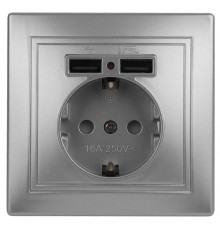 1-410-03 Intro Розетка+USB, IP20, СУ, Plano, алюминий  Б0043249  Intro