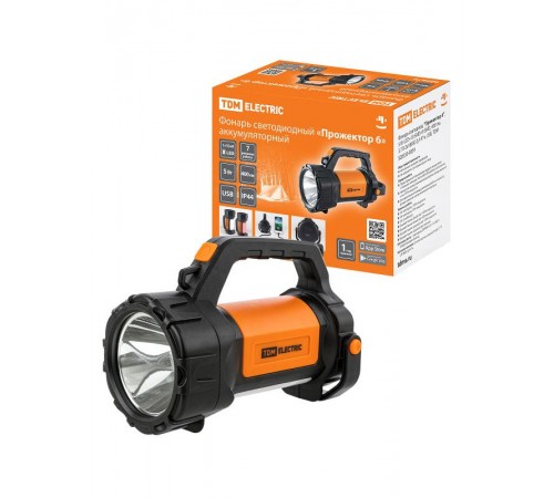 Фонарь светодиод. "Прожектор 6", 5 Вт LED+10 SMD+9 SMD, 400 лм, 3,7 В 2x18650 2,4 А*ч, USB  SQ0350-0059  TDM