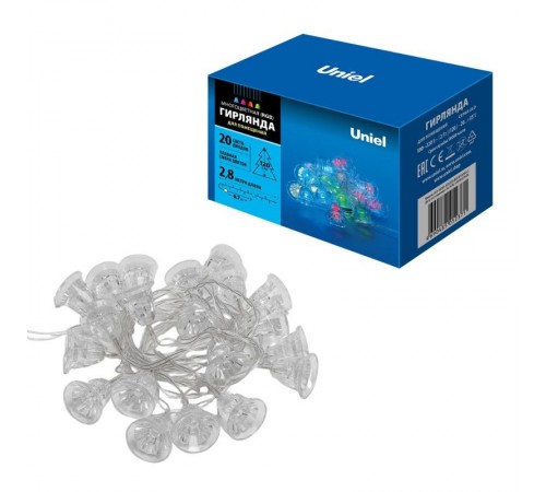 Гирлянда светодиодная  "Колокольчики" с контроллером  ULD-S0280-020/DTA RGB IP20 BELLS   20 диодов, 2,8 м, RGB, IP20, шнур прозр..  07919  Uniel