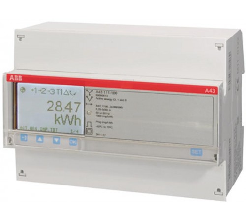 Счетчик 3-фазный активной энергии,1-тарифный,кл. точности 1,прямого вкл. 5(80)А, имп. выход,тип A43 111-200  2CMA100106R1000  ABB