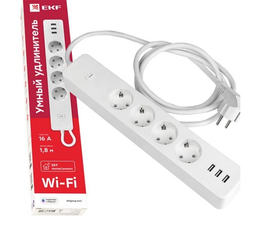 Удлинитель Умный с управлением по Wi-Fi 4 гнезда + 3хUSB с выкл. бел. HomeConnect  RCE-1-WF  EKF