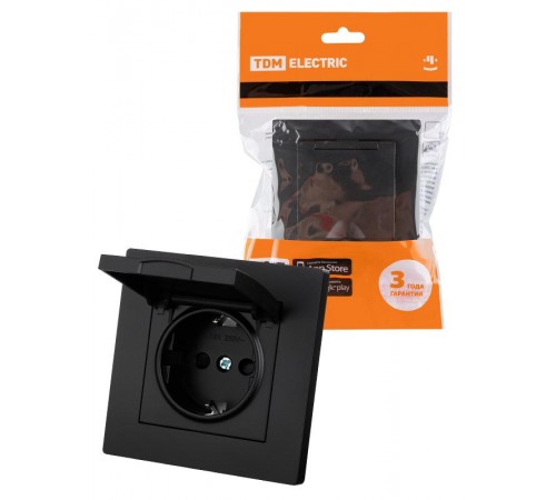 Розетка 2П+З 16А 250В IP44 с защ. шт. с крышкой черная "Сенеж"  SQ1816-0279  TDM