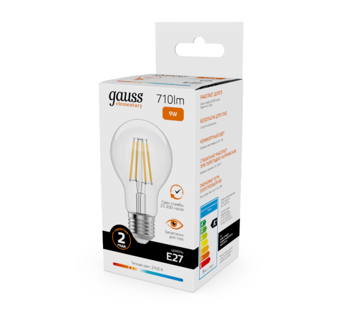 Лампа светодиодная   Filament Elementary А60 9W 710lm 2700К Е27 LED 1/10/50  22219  Gauss