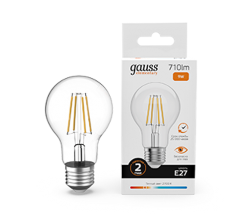 Лампа светодиодная   Filament Elementary А60 9W 710lm 2700К Е27 LED 1/10/50  22219  Gauss