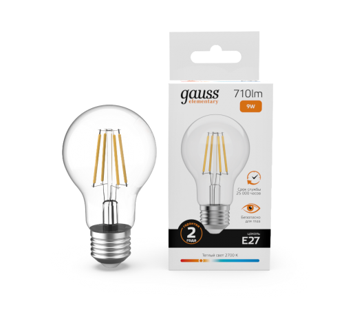 Лампа светодиодная   Filament Elementary А60 9W 710lm 2700К Е27 LED 1/10/50  22219  Gauss